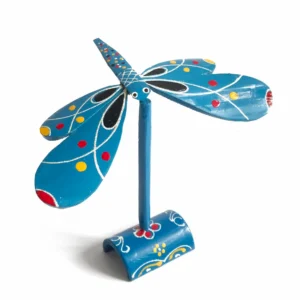 Hand-painted balancing bamboo butterfly — blue wings with dot pattern, on wooden stand