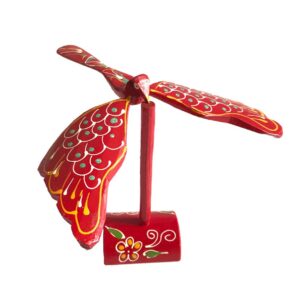 Hand-painted balancing bamboo bird on a wooden stand — front view