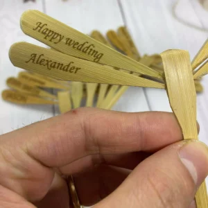 Personalized bamboo dragonfly — close-up of laser engraving on the wing