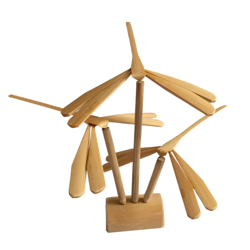 Natural bamboo dragonfly set of 3 with triple-rod wooden stand