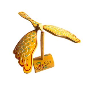 Hand-painted balancing bamboo bird — yellow variant on wooden stand